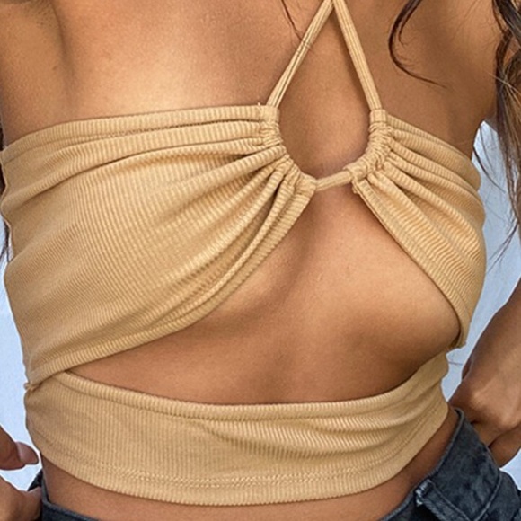 camel ribbed cutout top - Picture 4 of 4